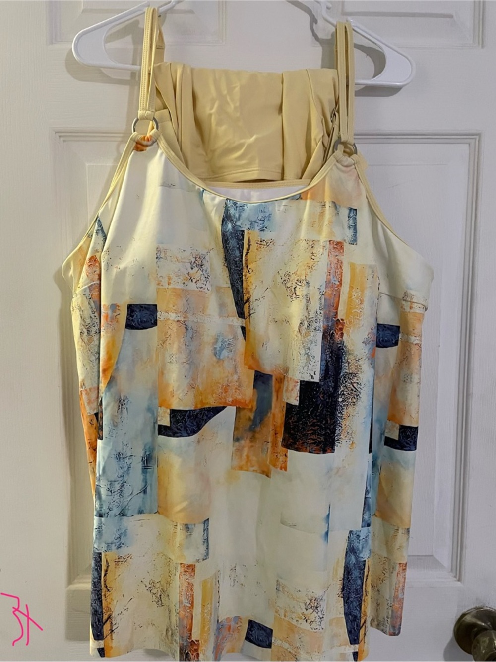 Source Unknown Abstract Print Women’s Swim Bikini Top in Cream, Blue and Yellow